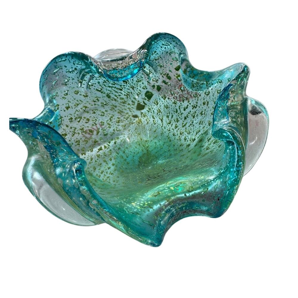 Vtg Murano Bollinato Blue Metallic Gold Fleck Scalloped Art Glass Bowl Ashtray